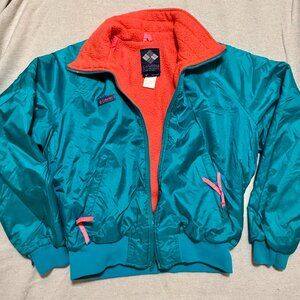 Vintage Columbia Fleece Lined Zip-Up Jacket — Teal & Coral Colorblock — Medium